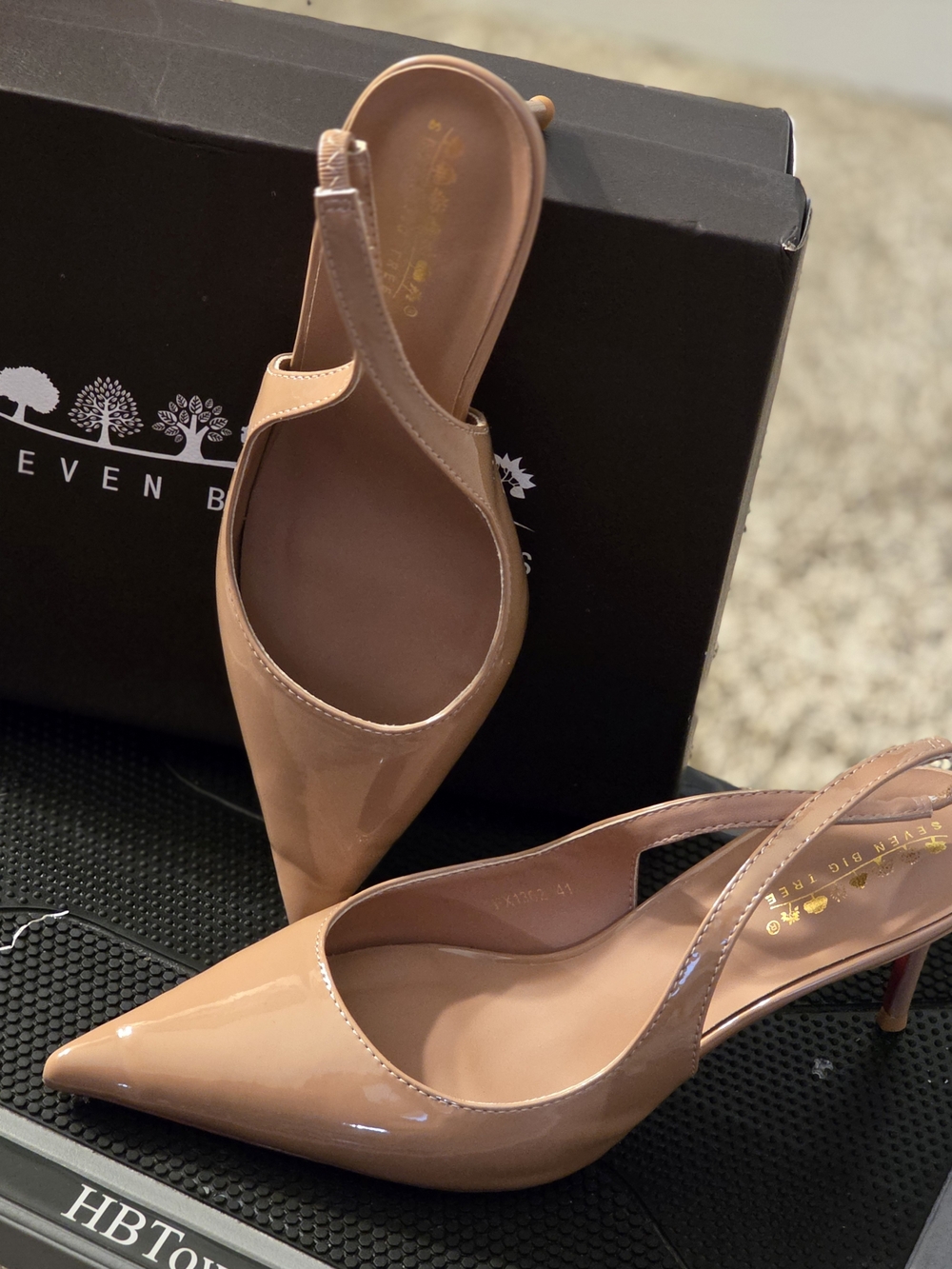 Patent Slingback Pointed-Toe Pumps in Nude Tan